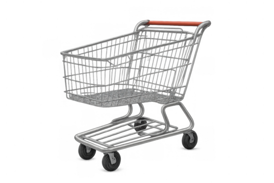 Empty metal shopping cart for retail purchasing and consumerism, isolated with a transparent background