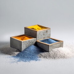 Four small, concrete containers holding colored sand, arranged in a three-dimensional pyramid shape on a light background