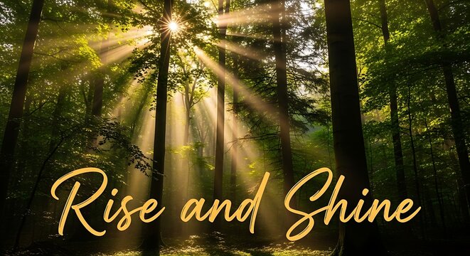 Sun rays shining through trees in a forest creating a beautiful scene, a reminder to rise and shine, and embrace the beauty of nature