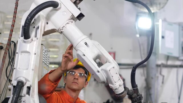 Male engineers checking or maintenance electronic in AI or artificial intelligence Robot, robot arm in the manufacturing automation and robotics manufacture room. Service technical engineer.
