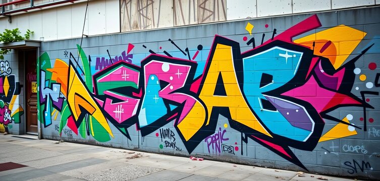 Geometric graffiti art on urban wall, vibrant colors, background, surface