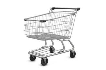 Empty retail shopping cart with metal wire design, showcasing consumerism, commerce, and buying on transparent background