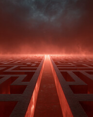 Endless maze splits by glowing path, red mist and dramatic sky symbolize challenge, focus, and transformation