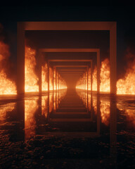 Naklejka premium Endless perspective of fiery frames reflected on wet floor, evoking intensity, forward drive, and ambition
