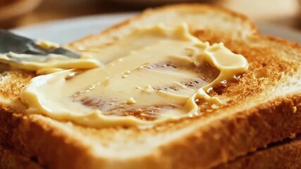 Toast and Butter: a close-up of a slice of toast being spread with butter. it is a moment of simple pleasures. The scene radiates warmth and comfort.