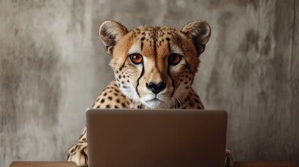 Focused cheetah with a laptop symbolizing fast internet connection efficiency