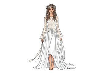 Fototapeta premium Woman in longsleeved white gown with flower crown stands barefoot