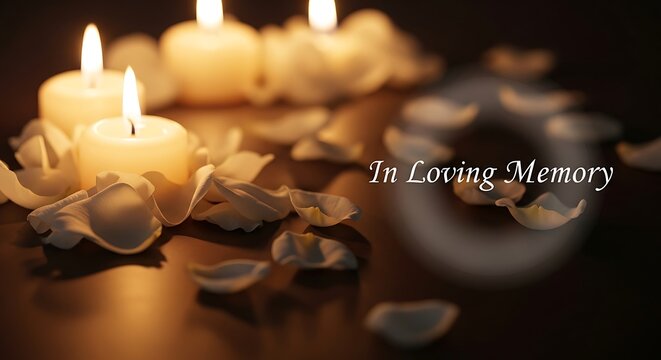 Candles burning with flower petals around them and the text in loving memory to honor the memory of a deceased loved one