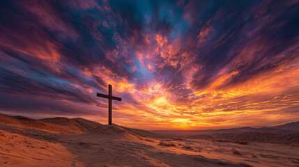 an inspirational cross on a hill with sunset