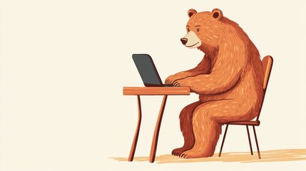 Cartoon bear working on a laptop at a desk illustration, comical depiction