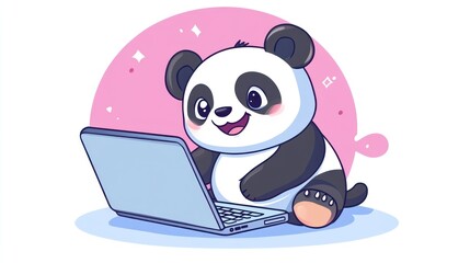 Cartoon panda using a laptop, adorable mascot for technology concepts