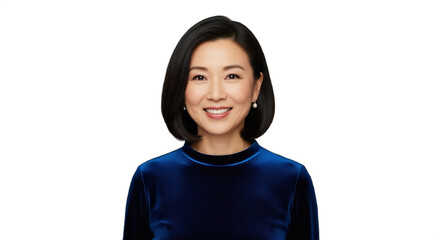 Smiling East Asian woman, 42-48, a holiday event planner, wearing an elegant dark blue velvet top, isolated on transparent background. Ideal for corporate business, event promotion,