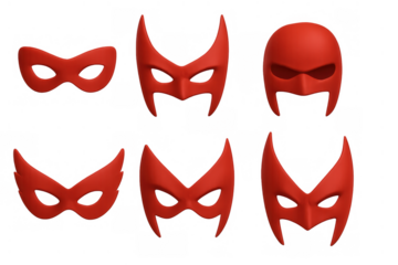 Red superhero masks set, masquerade costume accessories, a collection of different hero and villain disguises