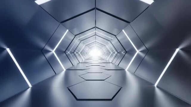 Hexagonal tunnel with white lights reflecting on metallic surfaces A vanishing point of intense light at the tunnels end