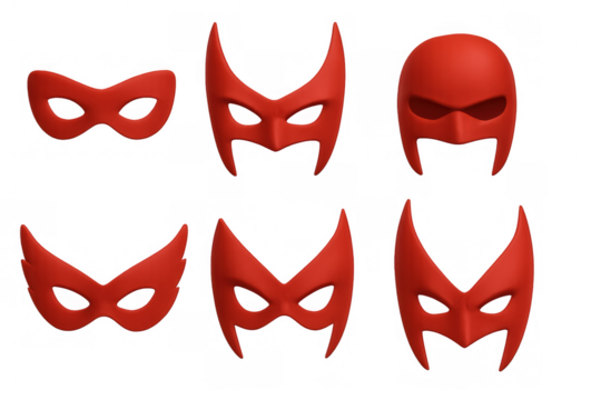 Red superhero masks set, masquerade costume accessories, a collection of different hero and villain disguises