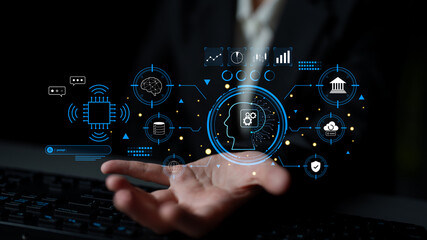 An advanced AI system for business and financial analysis. A futuristic interface for commanding an AI to process data from various domains. Motif