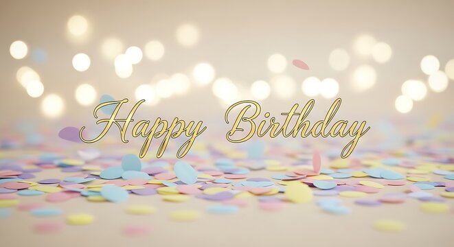Golden happy birthday lettering with falling confetti and bokeh lights in the background for a festive celebration
