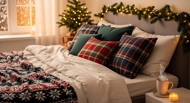 Cozy christmas bedroom scene with decorated tree and garland lights above the bed and warm beverage