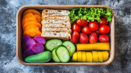 Nutritious bento box featuring diverse vibrant fruits,vegetables and sliced bread
