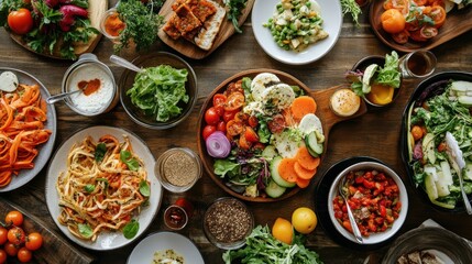 Colorful Variety of Plant-Based Dishes Arranged on Rustic Wooden Table