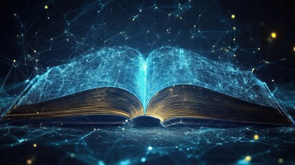 Futuristic digital book concept with glowing network for online learning
