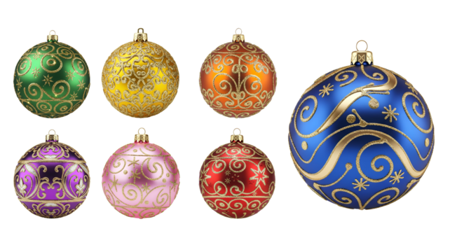 Christmas Ornaments PNG Pack with Gold Swirl Decorations - High-Quality Holiday Baubles and Festive Decorations Set