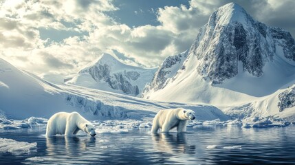 Polar bear pair wading in glacial waters beneath snowy mountains landscape
