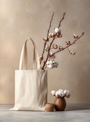 Beige cotton tote bag beside cotton branch and vase