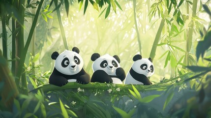 Three Adorable Panda Cubs Relaxing Amidst Lush Bamboo Forest Foliage
