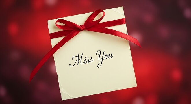A romantic miss you card with a red ribbon on a blurred red background conveys heartfelt emotions and longing for a loved ones presence
