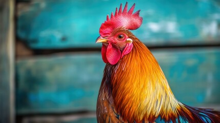 Vibrant Rooster Portrait Against a Rustic Blue Wood Grain Background