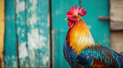 A Vibrant Rooster Portrait Showcasing Vivid Colors and Rustic Charm