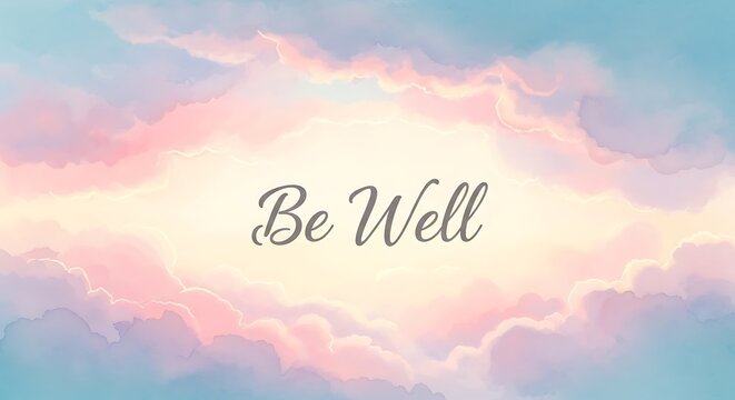 A calming watercolor sky with pastel clouds and the message be well, perfect for greeting cards, social media posts, and wellness promotions