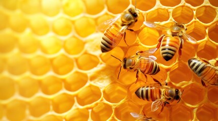 Busy bees on a honeycomb, industrious insect creating natural food resource