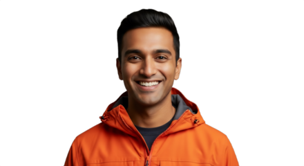 Smiling 31-36 South Asian man, a mountain rescue volunteer in an orange jacket, isolated on transparent background. Perfect for safety, volunteer campaigns, travel, emergency services,
