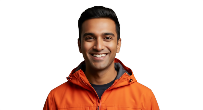 Smiling 31-36 South Asian man, a mountain rescue volunteer in an orange jacket, isolated on transparent background. Perfect for safety, volunteer campaigns, travel, emergency services,