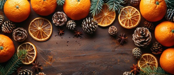 Orange fruit arrangement with pine cones and spices on wooden surface overhead view