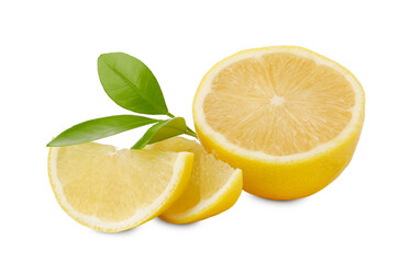 Pieces of fresh lemons and leaves isolated on white