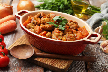 Delicious cooked stew in baking dish, fresh ingredients and spoon on wooden table, closeup