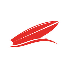 A stylized red surfboard is depicted on a white background, with a red wave underneath.