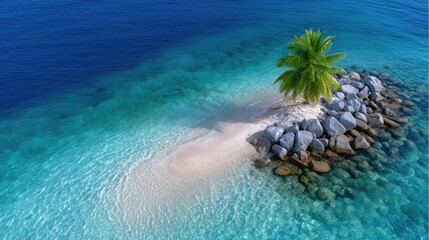 Drone view of a small palm covered island with rocky shore surrounded by clear turquoise and deep blue ocean waters on a sunny day