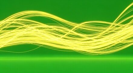 Abstract Yellow Light Trails on Green Background, Modern Digital Art.