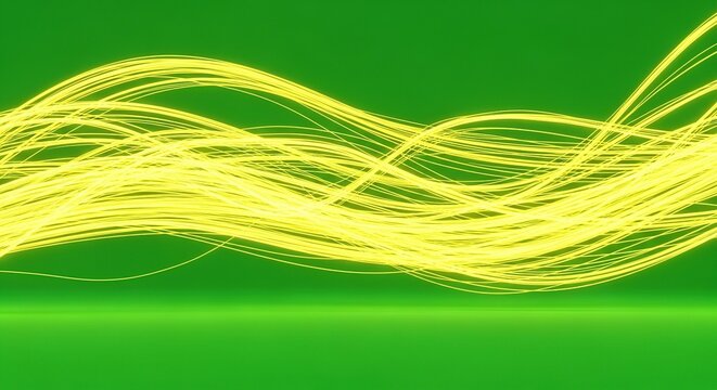 Abstract Yellow Light Trails on Green Background, Modern Digital Art.