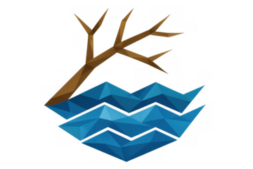 Dead tree growing from blue wavy water low poly icon illustrating drought, climate change, and environmental crisis