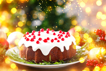 Tasty Christmas cake with red currants, fir branches and festive balls on table. Bokeh lights