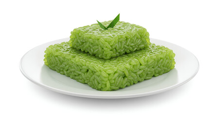 Green lupis cakes served on a white plate with a dense forest background, bringing a natural and traditional Indonesian vibe.