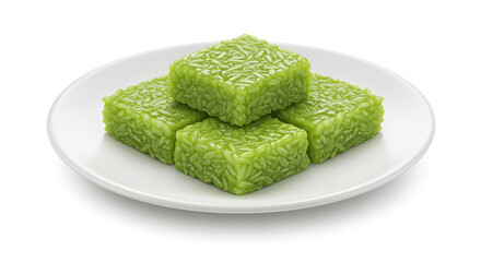 Green lupis cakes served on a white plate with a dense forest background, bringing a natural and traditional Indonesian vibe.