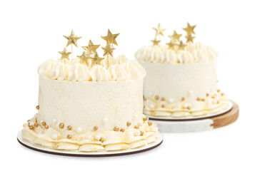 Delicious cakes with Christmas decor isolated on white