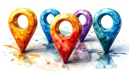 Vibrant Watercolor Map Markers on White Background
