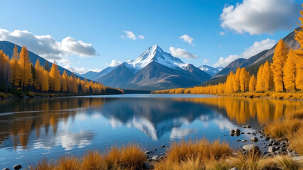 Beautiful autumn mountain lake with yellow trees, scenic landscape, clear water, reflection, tranquil